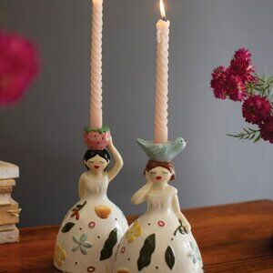 Set of 2 Ceramic Girl Taper Candle Holders NEW